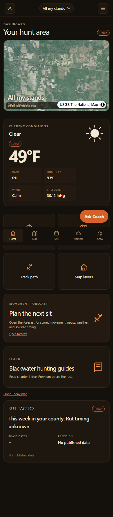 Hockline dashboard with a hunt area map